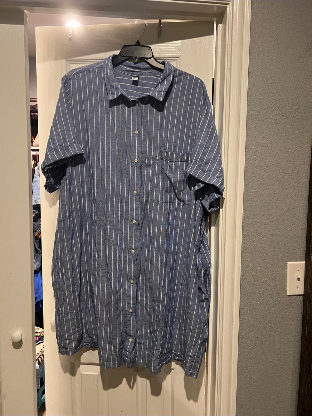 Old Navy Women's Blue Striped Linen Short-Sleeve Button-Up Shirtdress